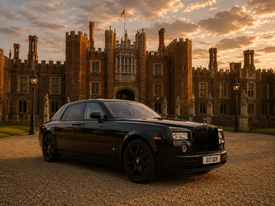 Black Rolls-Royce Phantom Series 1 outside a Cotswold stone house