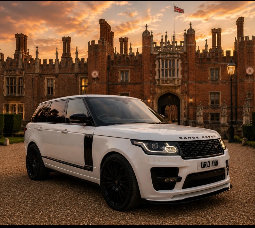 White Range Rover Autobiography with black detailing outside a Tudor palace at sunset