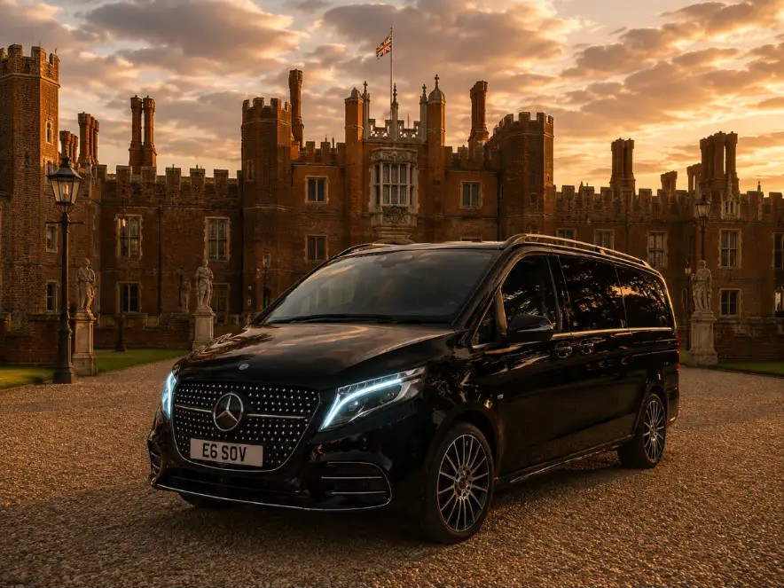 Black Mercedes-Benz V-Class luxury people carrier on a manor driveway at sunset