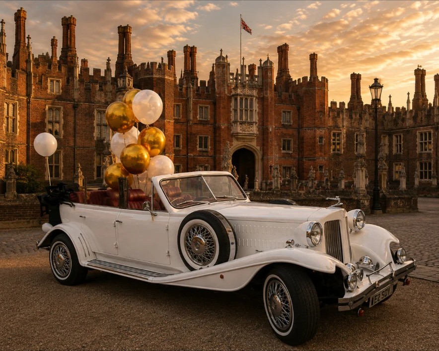 White vintage Beauford convertible wedding car on a country house driveway at sunset