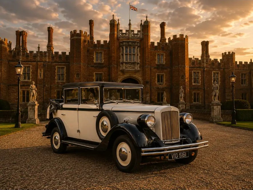 Vintage cream and black Regent wedding car at sunset