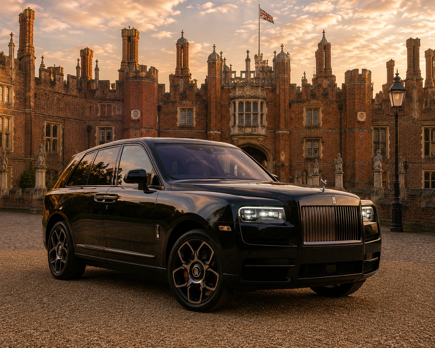 Black Rolls-Royce Cullinan outside a Tudor palace at sunset